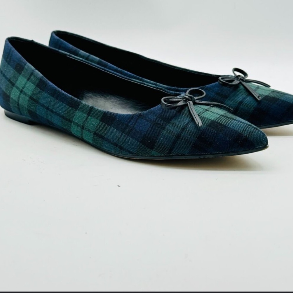 J Crew Black Watch Plaid Pointed Toe Ballet Flats w/ Bow - SZ 6